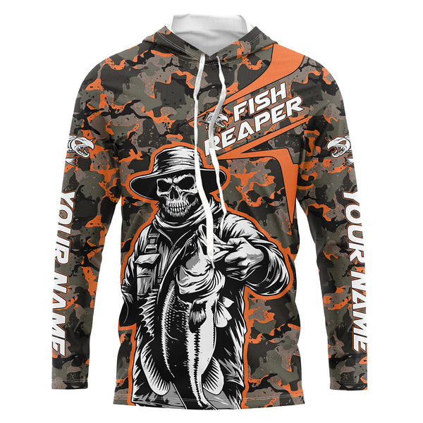 Custom Fish Reaper Skull Bass Long Sleeve Fishing Shirt, Bass Hunter Fishing Jerseys | Orange Camo IPHW6507