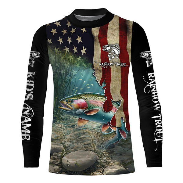 Rainbow Trout Fishing American Flag Patriotic Custom UV protection fishing shirt, Trout fishing jerseys NQS497
