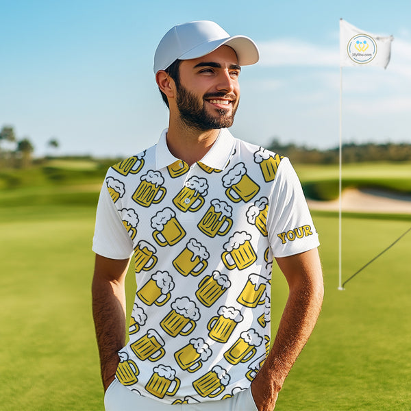 Funny Yellow beer pattern Mens golf polo shirts custom fun golf shirts, cool golf gifts NQS10301