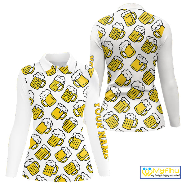 Funny Yellow beer pattern Women golf polo shirts custom fun golf shirts, cool golf gifts NQS10301