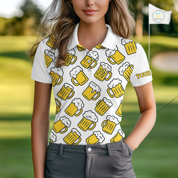 Funny Yellow beer pattern Women golf polo shirts custom fun golf shirts, cool golf gifts NQS10301