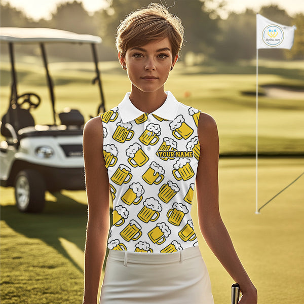 Funny Yellow beer pattern Women Sleeveless Polo shirt custom fun golf shirts, cool golf gifts NQS10301