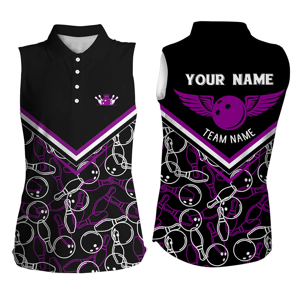 Personalized 3D bowling shirts for women, Custom black purple sleeveless polo Bowling Shirts for Girls NQS6441
