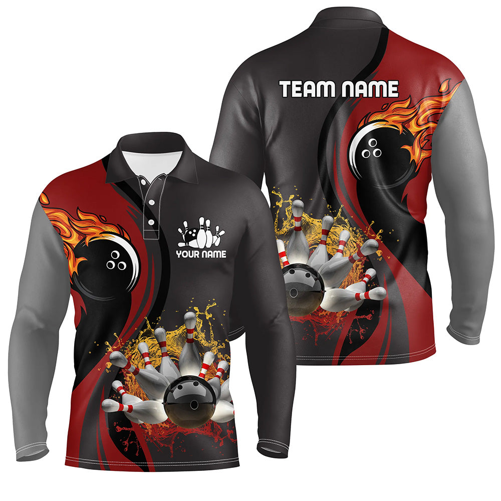 Mens Bowling polo Shirt Custom flame bowling ball pins Bowler Jerseys for mens | Red NQS6448