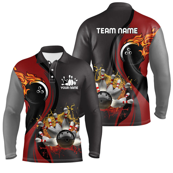 Mens Bowling polo Shirt Custom flame bowling ball pins Bowler Jerseys for mens | Red NQS6448