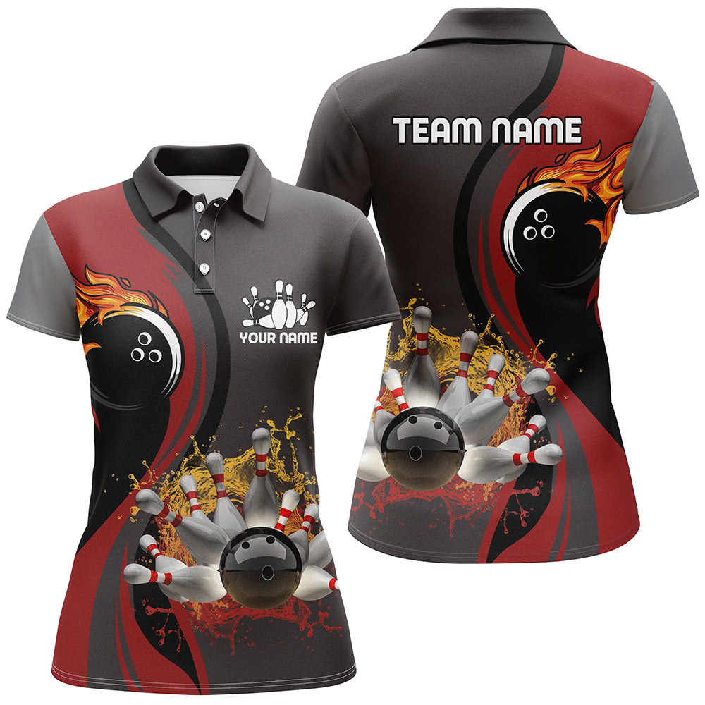 Womens Bowling polo Shirt Custom flame bowling ball pins Bowler Jerseys for ladies | Red NQS6448