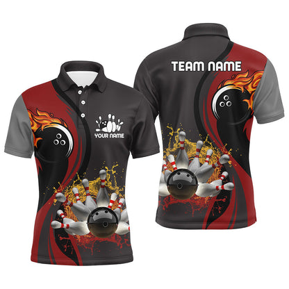 Mens Bowling polo Shirt Custom flame bowling ball pins Bowler Jerseys for mens | Red NQS6448