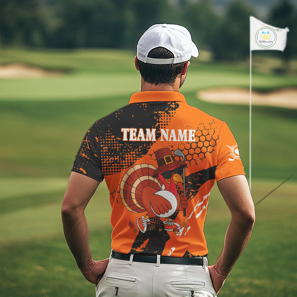 Black & Orange Turkey golf Mens golf polo shirts custom Thanksgiving golf shirt, Men's golf attire NQS10722