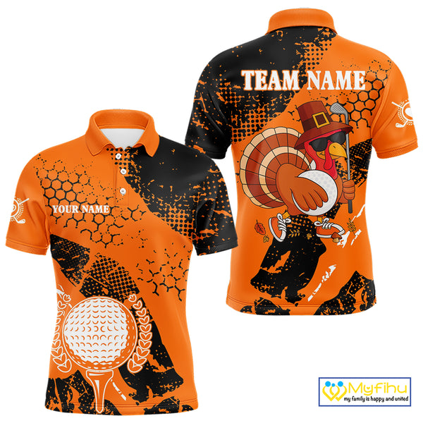 Black & Orange Turkey golf Mens golf polo shirts custom Thanksgiving golf shirt, Men's golf attire NQS10722
