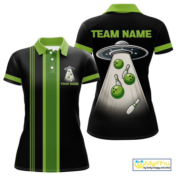 Black and Green ufo alien Retro Bowling Polo, Quarter Zip Shirts for Women Custom Bowling Team Jersey NQS10727