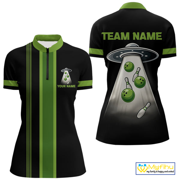 Black and Green ufo alien Retro Bowling Polo, Quarter Zip Shirts for Women Custom Bowling Team Jersey NQS10727