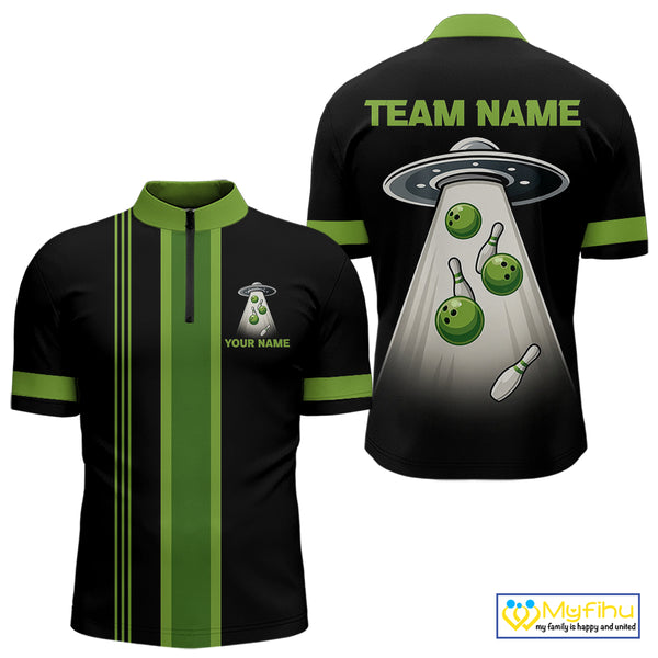 Black and Green ufo alien Retro Bowling Polo, Quarter Zip Shirts for men Custom Bowling Team Jersey NQS10727