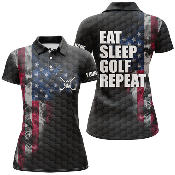 Black Womens golf polo shirts custom smoke American flag golf jerseys, patriotic ladies golf tops NQS6686