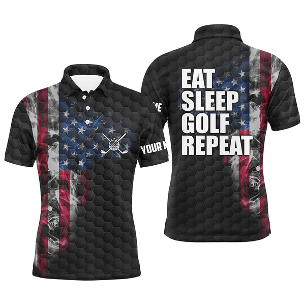 Black Mens golf polo shirts custom smoke American flag Eat sleep golf repeat, patriotic golf shirts NQS6686
