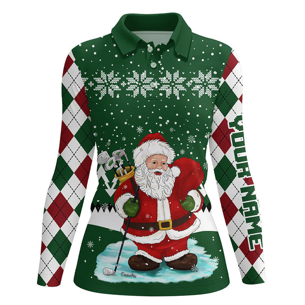 Ugly Christmas green argyle pattern golf shirt custom Womens polo shirt Santa Golfer Christmas gift NQS6891
