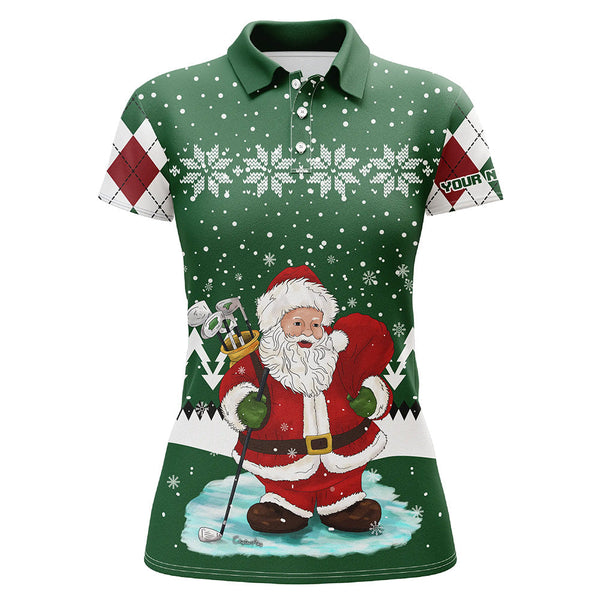 Ugly Christmas green argyle pattern golf shirt custom Womens polo shirt Santa Golfer Christmas gift NQS6891