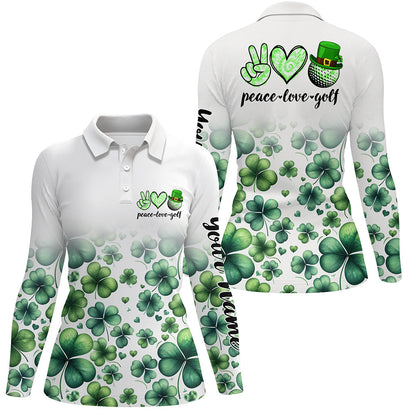 Women golf polo shirts custom green clover St Patrick's Day peace love golf, womens golf tops NQS7182