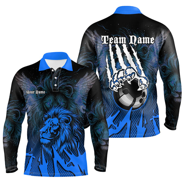 Black and Blue Lion Bowling Polo, Quarter Zip Shirts For Men Custom Team Lion Bowling Jerseys NQS9596