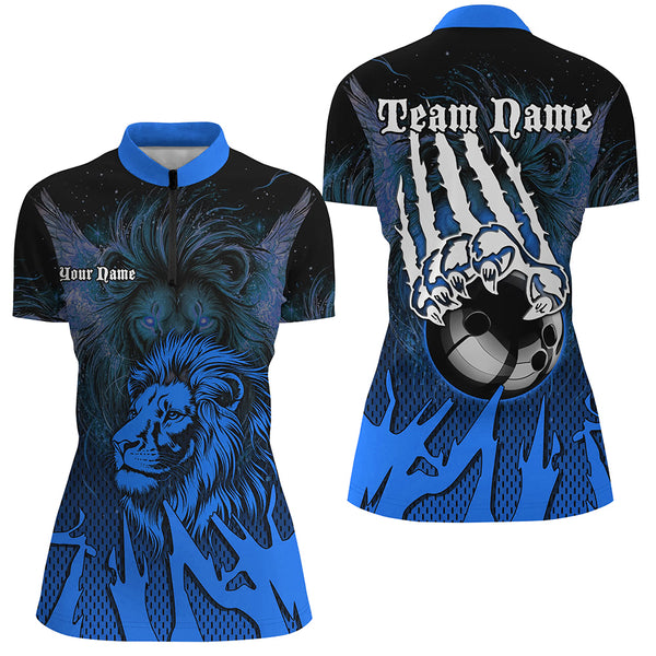 Black and Blue Lion Bowling Polo, Quarter Zip Shirts For Women Custom Team Lion Bowling Jerseys NQS9596
