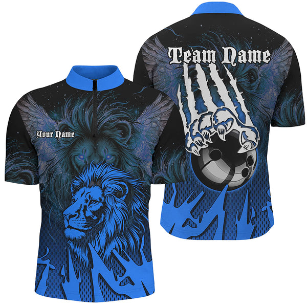 Black and Blue Lion Bowling Polo, Quarter Zip Shirts For Men Custom Team Lion Bowling Jerseys NQS9596