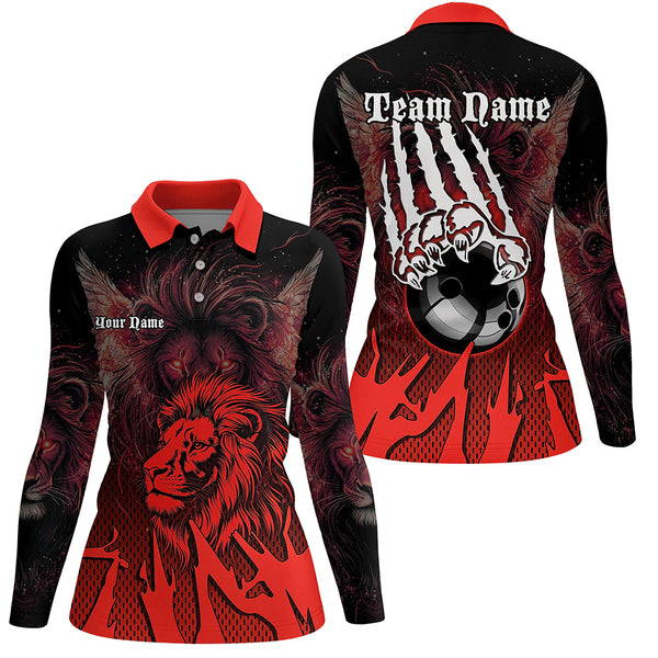 Black and Red Lion Bowling Polo, Quarter Zip Shirts For Women Custom Team Lion Bowling Jerseys NQS9598