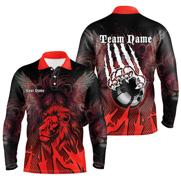 Black and Red Lion Bowling Polo, Quarter Zip Shirts For Men Custom Team Lion Bowling Jerseys NQS9598