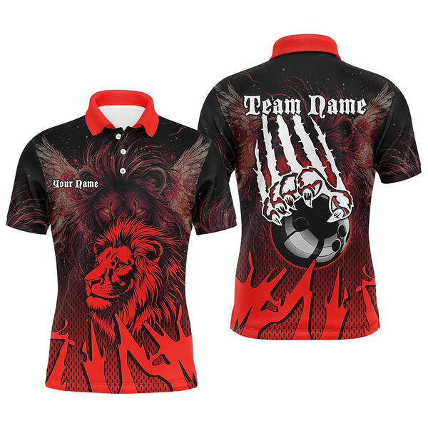 Black and Red Lion Bowling Polo, Quarter Zip Shirts For Men Custom Team Lion Bowling Jerseys NQS9598