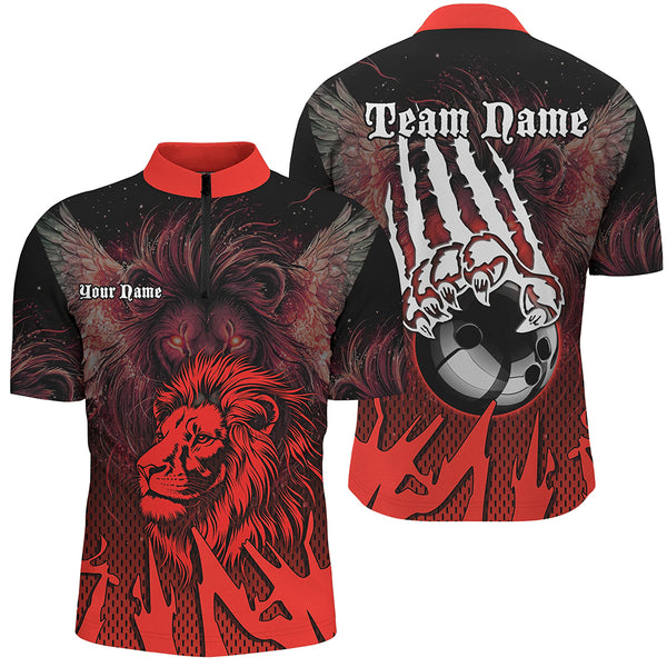 Black and Red Lion Bowling Polo, Quarter Zip Shirts For Men Custom Team Lion Bowling Jerseys NQS9598