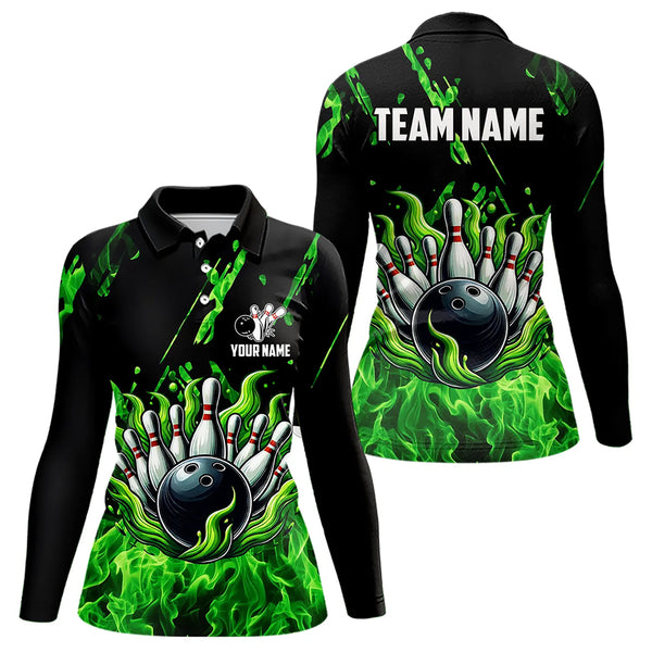 Green Flame Bowling Polo, 1/4 Zip jerseys for Women Custom Bowling Team jerseys for bowlers NQS9600