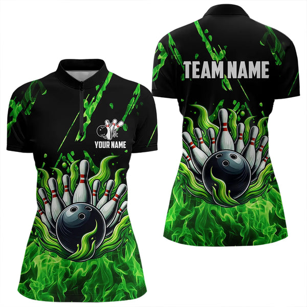 Green Flame Bowling Polo, 1/4 Zip jerseys for Women Custom Bowling Team jerseys for bowlers NQS9600