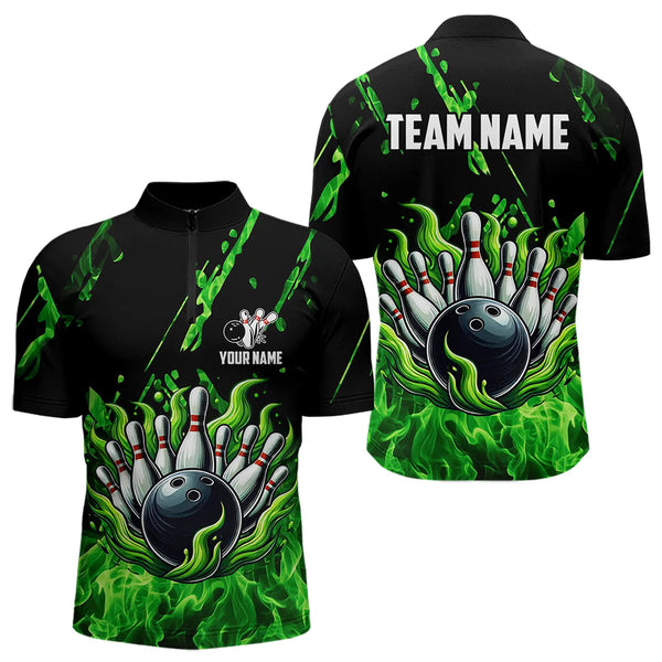 Green Flame Bowling Polo, 1/4 Zip jerseys for Men Custom St Patrick Bowling Team jerseys for bowlers NQS9600