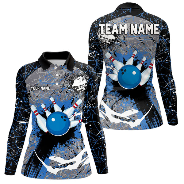 Personalized Black And Blue Camo Bowling Jersey For Women Custom Bowling Team Polo, Quarter-Zip Shirts NQS9746