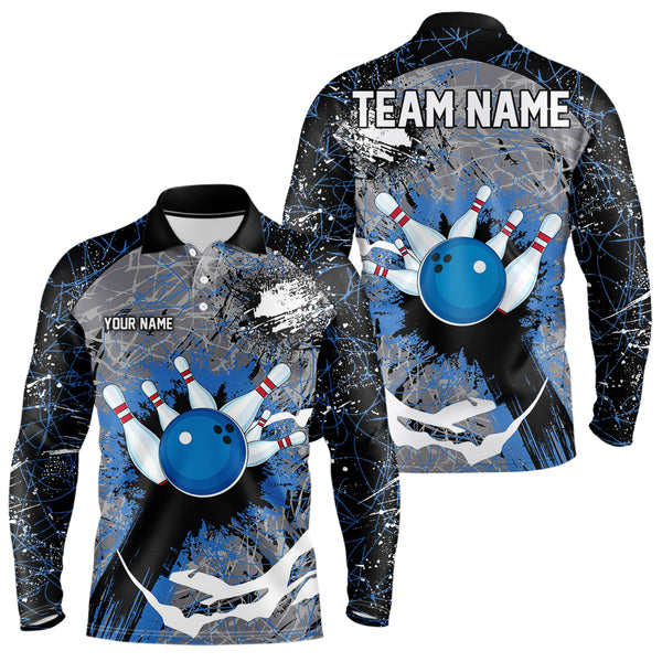 Personalized Black And Blue Camo Bowling Jerseys For Men Custom Bowling Team Polo, Quarter-Zip Shirts NQS9746