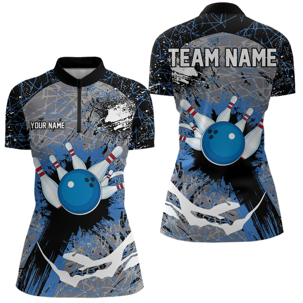 Personalized Black And Blue Camo Bowling Jersey For Women Custom Bowling Team Polo, Quarter-Zip Shirts NQS9746