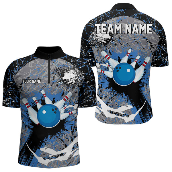 Personalized Black And Blue Camo Bowling Jerseys For Men Custom Bowling Team Polo, Quarter-Zip Shirts NQS9746