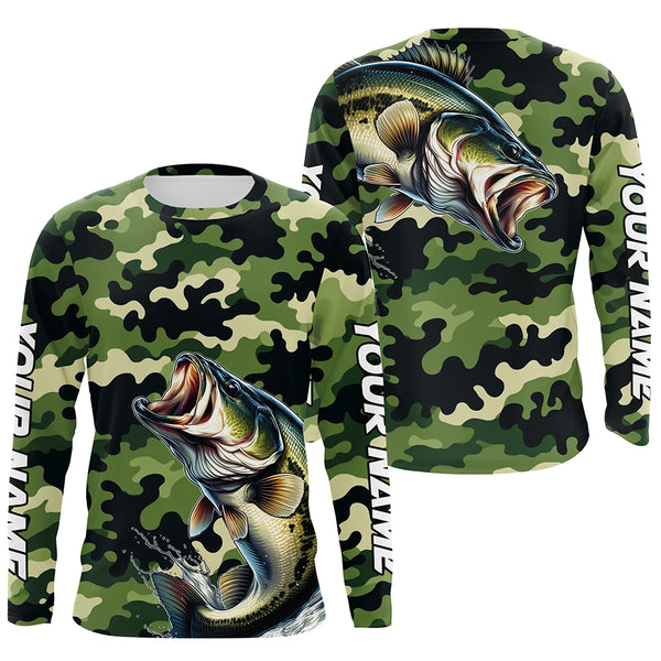 Black Green camo Bass fishing Custom Long Sleeve Tournament Fishing Shirts, Performance Bass Jerseys NQS7530