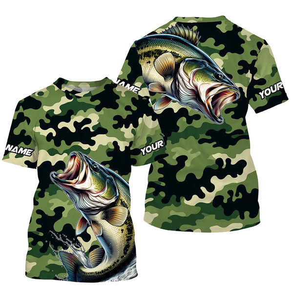 Black Green camo Bass fishing Custom Long Sleeve Tournament Fishing Shirts, Performance Bass Jerseys NQS7530