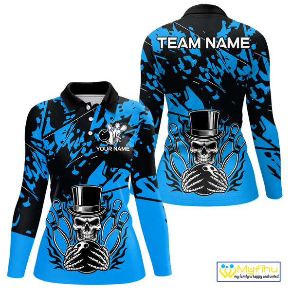 Black and Blue Camo Skull Bowling Polo, Quarter Zip Shirt for Women Custom Skull Team bowling jersey NQS10007
