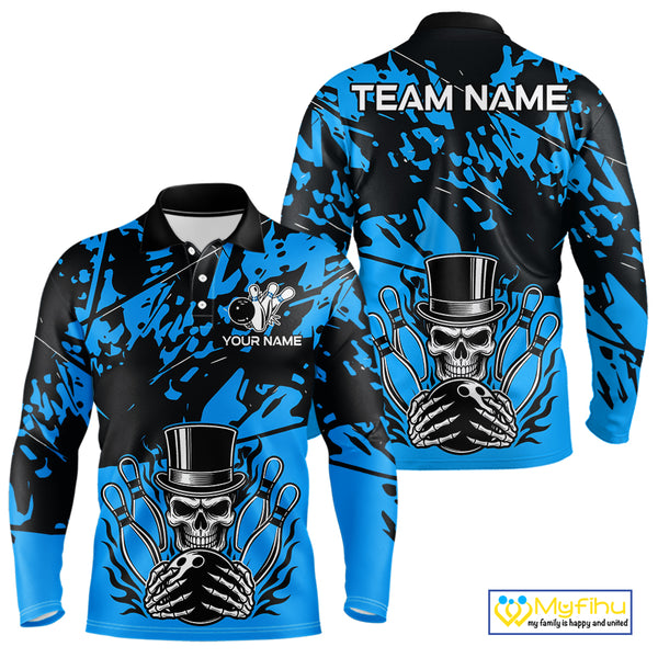 Black and Blue Camo Skull Bowling Polo, Quarter Zip Shirt for Men Custom Skull Team bowling jersey NQS10007