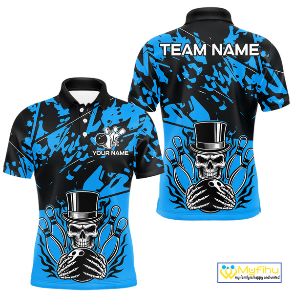 Black and Blue Camo Skull Bowling Polo, Quarter Zip Shirt for Men Custom Skull Team bowling jersey NQS10007