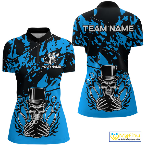 Black and Blue Camo Skull Bowling Polo, Quarter Zip Shirt for Women Custom Skull Team bowling jersey NQS10007