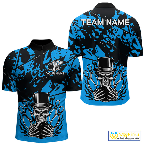 Black and Blue Camo Skull Bowling Polo, Quarter Zip Shirt for Men Custom Skull Team bowling jersey NQS10007
