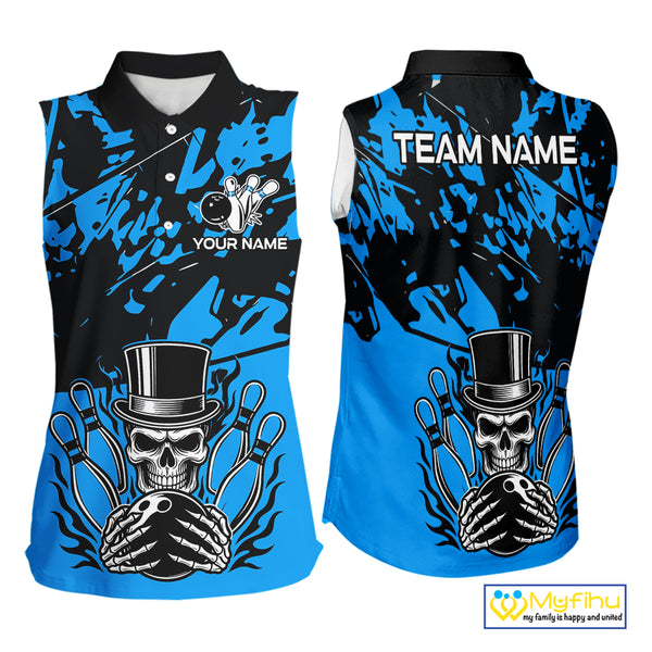 Black and Blue Camo Skull Bowling sleeveless polo Shirt Custom Skull Team bowling jersey NQS10007