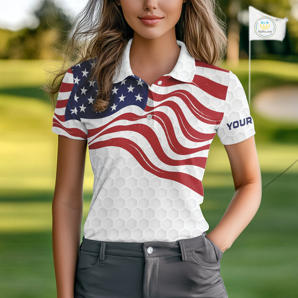 Red, White and Blue American Flag Women golf polo shirts custom women's patriotic golf apparel NQS10169