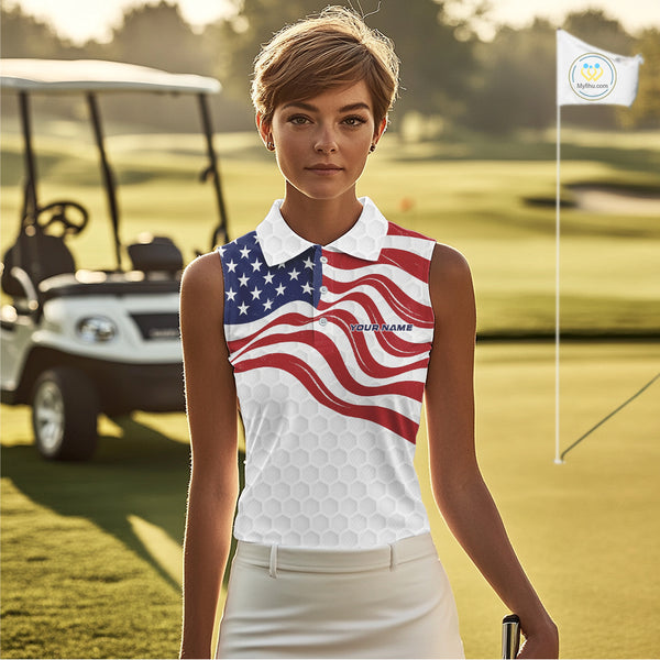 Red, White and Blue American Flag Women sleeveless polo shirt custom women's patriotic golf apparel NQS10169