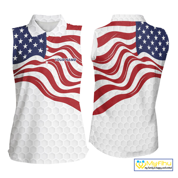 Red, White and Blue American Flag Women sleeveless polo shirt custom women's patriotic golf apparel NQS10169