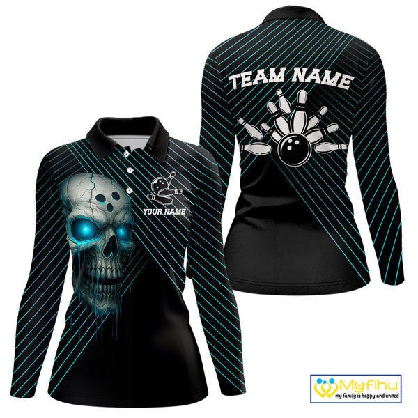 Black and Blue Skull Bowling Polo, Quarter Zip Shirts For Women Custom Bowling Team Jerseys Outfits NQS10171