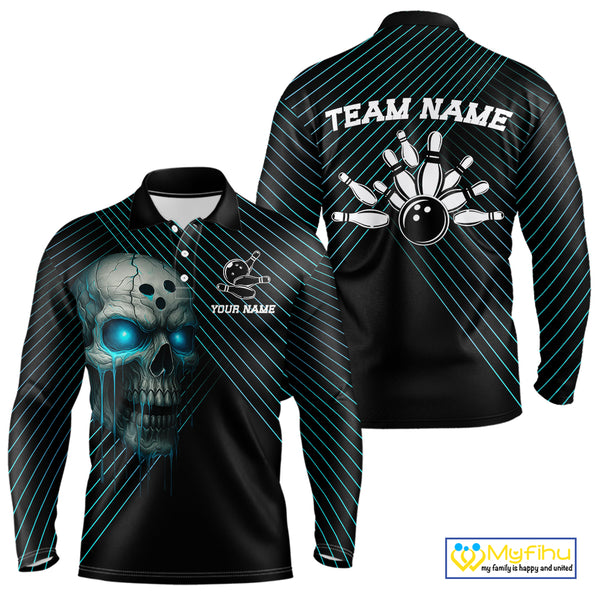 Black and Blue Skull Bowling Polo, Quarter Zip Shirts For Men Custom Bowling Team Jerseys Outfits NQS10171