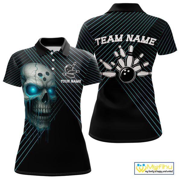 Black and Blue Skull Bowling Polo, Quarter Zip Shirts For Women Custom Bowling Team Jerseys Outfits NQS10171