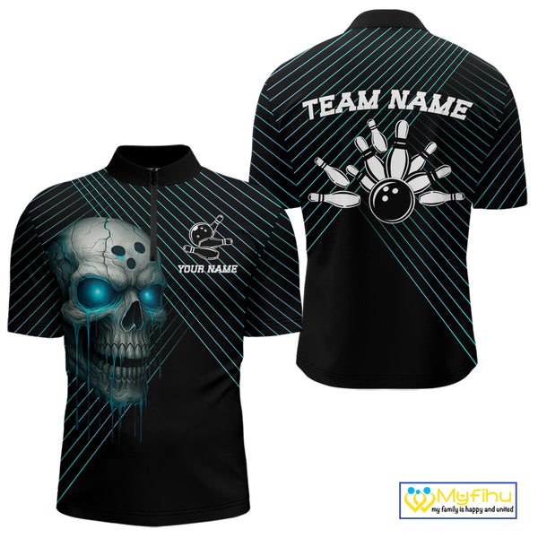 Black and Blue Skull Bowling Polo, Quarter Zip Shirts For Men Custom Bowling Team Jerseys Outfits NQS10171